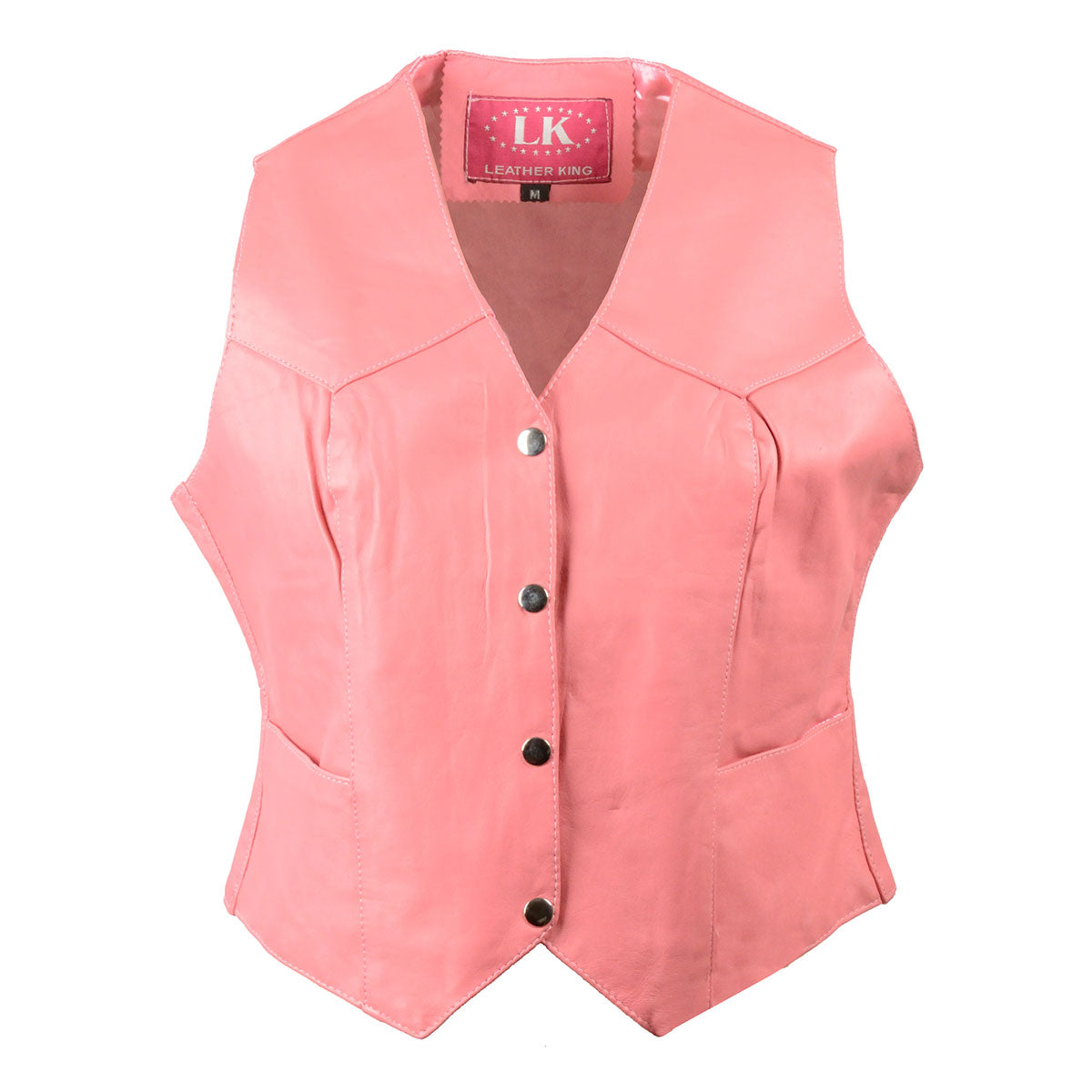 sh1227-pink-2.jpg Leather King SH1227 Pink Ladies Classic Leather Four Snap Vest - Image 1