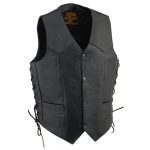 Milwaukee Leather SH1315 Men’s Black Leather Classic V-Neck Side Lace Motorcycle Rider Vest w/ Front Snap Closure