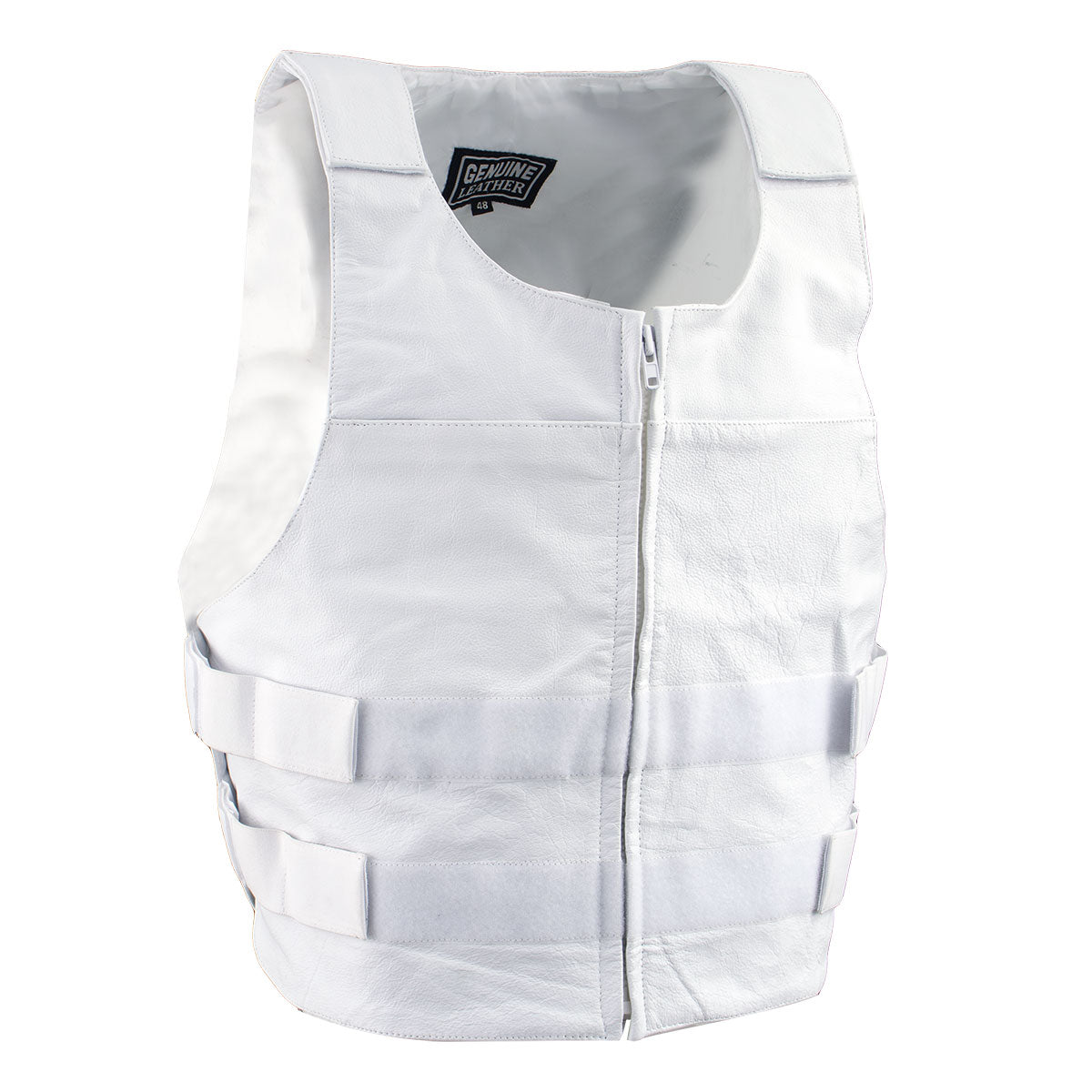 sh1367zw-white-side-front.jpg Genuine Leather SH1367ZW Men’s ‘Bullet Proof Replica’ White Leather Vest - Image 1