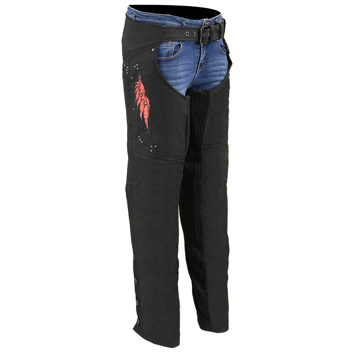 sh1956-04-edit-a.jpg Milwaukee Leather SH1956 Women’s ‘Winged’ Black and Red Textile Chaps - Image 1