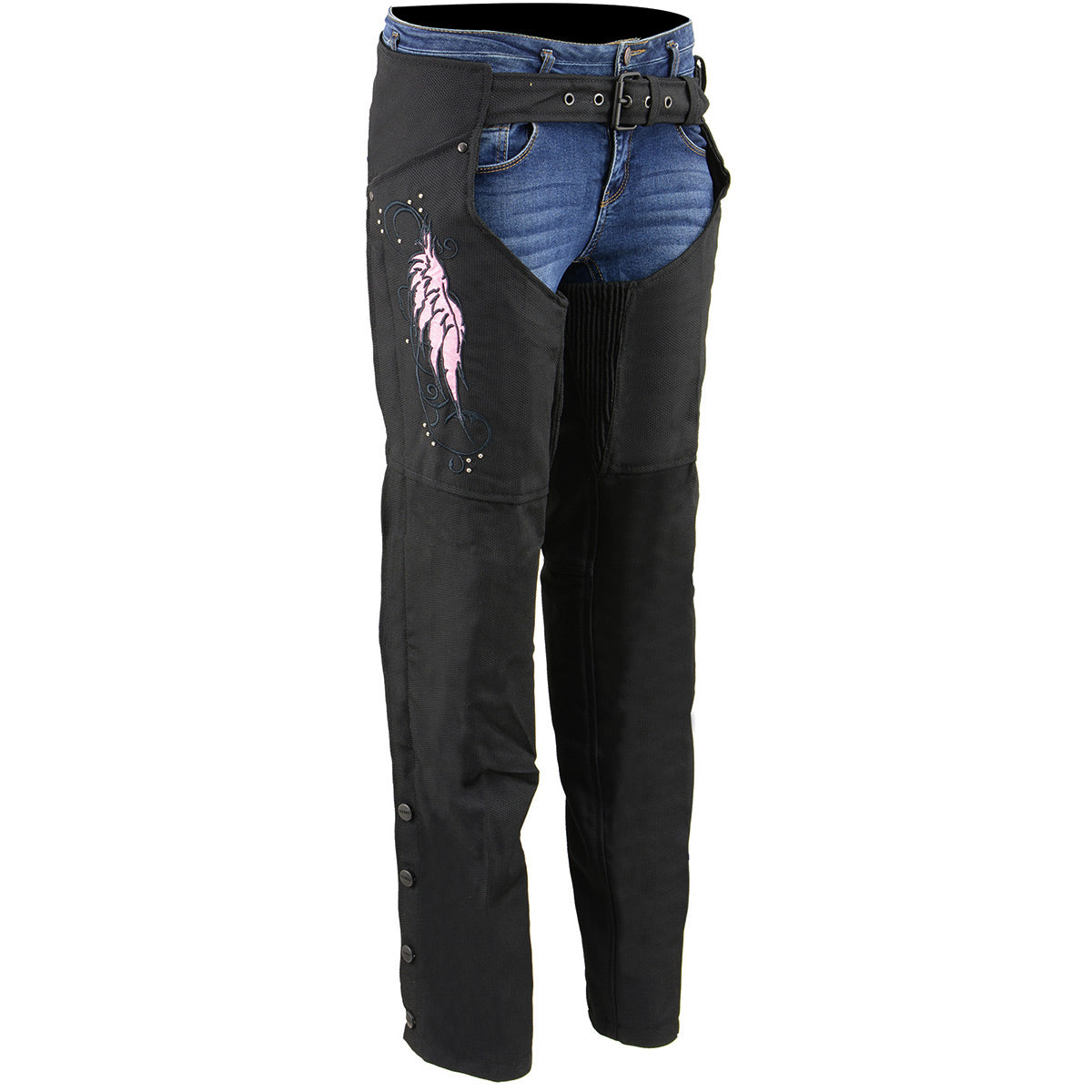 sh1956-06-edit-a.jpg Milwaukee Leather SH1956 Women’s ‘Winged’ Black and Pink Textile Chaps - Image 1