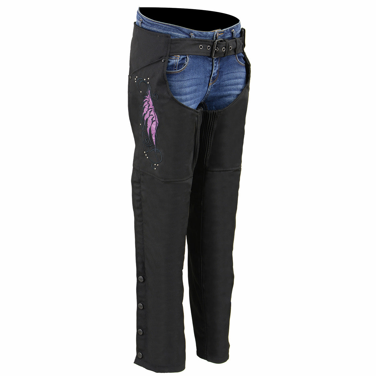 sh1956-08-edit-a.jpg Milwaukee Leather SH1956 Women’s ‘Winged’ Black and Purple Textile Chaps - Image 1