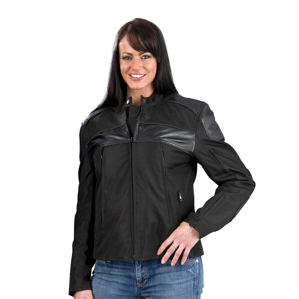 sh1971-edit-a.jpg NexGen SH1971 Women’s Black Textile and Leather Motorcycle Racer Jacket - Image 1
