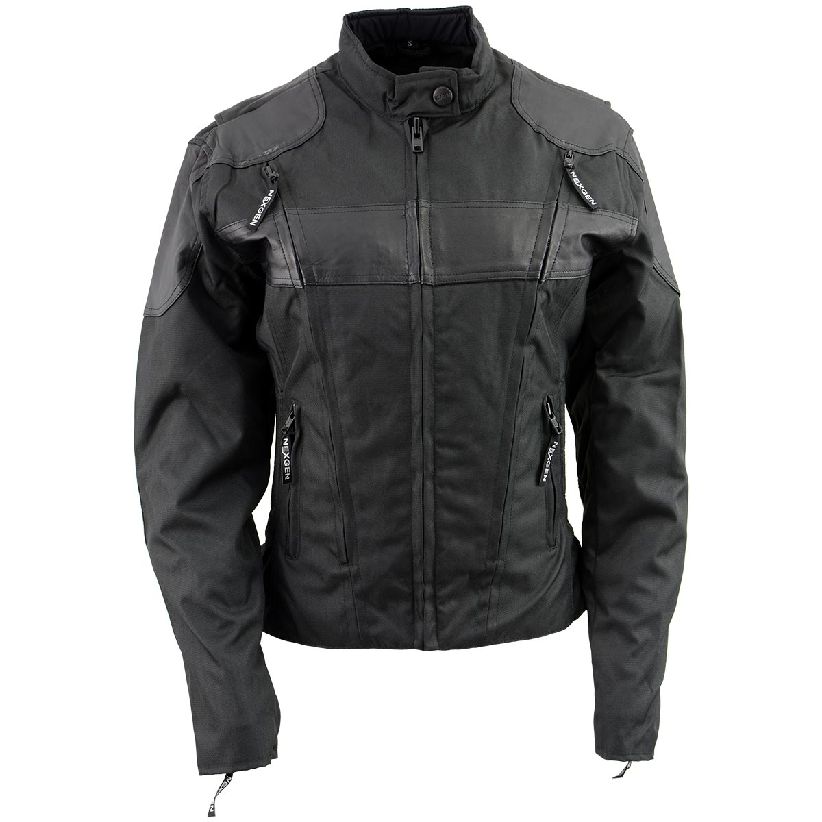 sh2179-main.jpg NexGen SH2179 Women’s Black Leather and Textile Vented Racer Jacket - Image 1