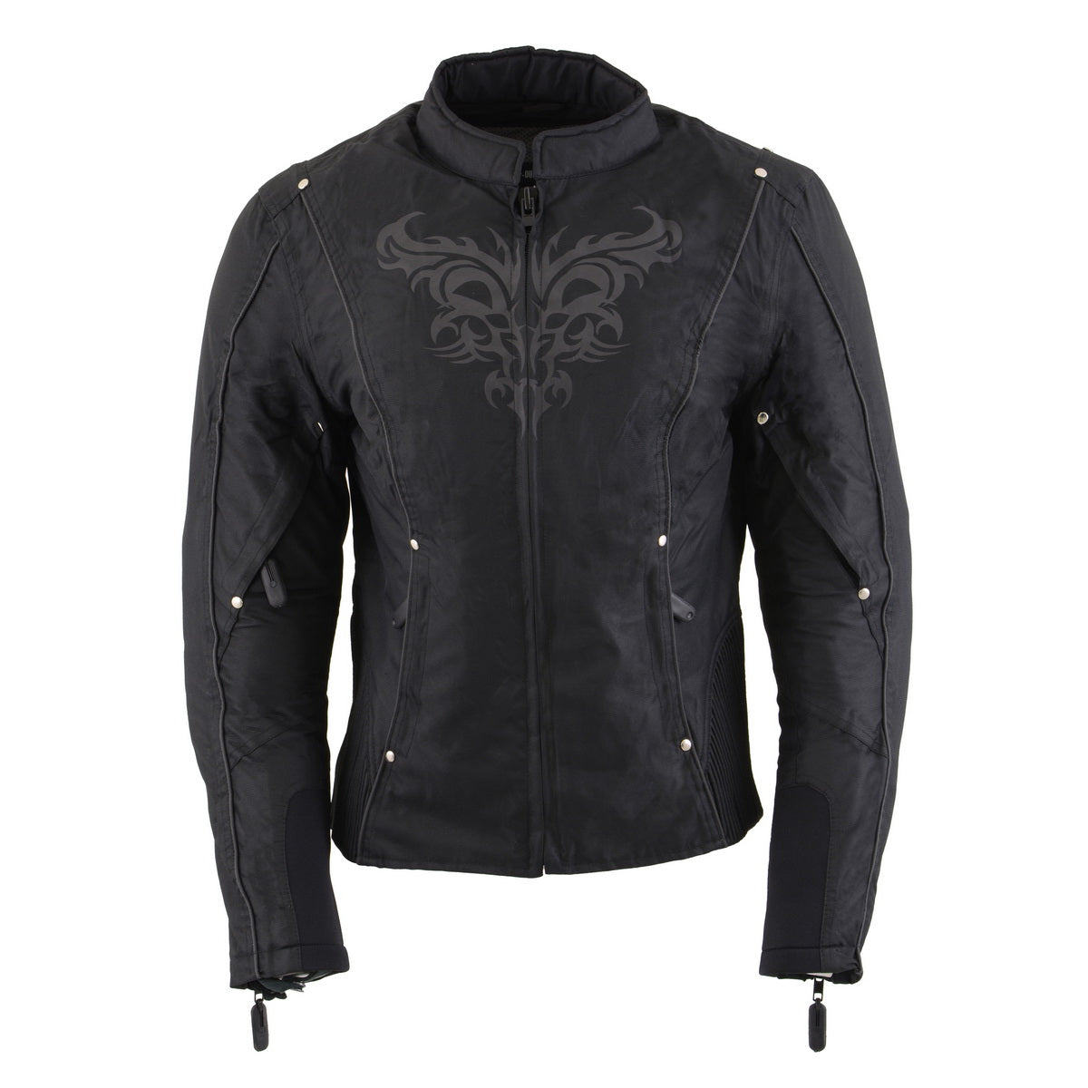 sh2366-blk-f_resize.jpg Milwaukee Leather SH2366 Women’s’Reflective Tribal’ Black Armored Motorcycle Textile Jacket - Image 1