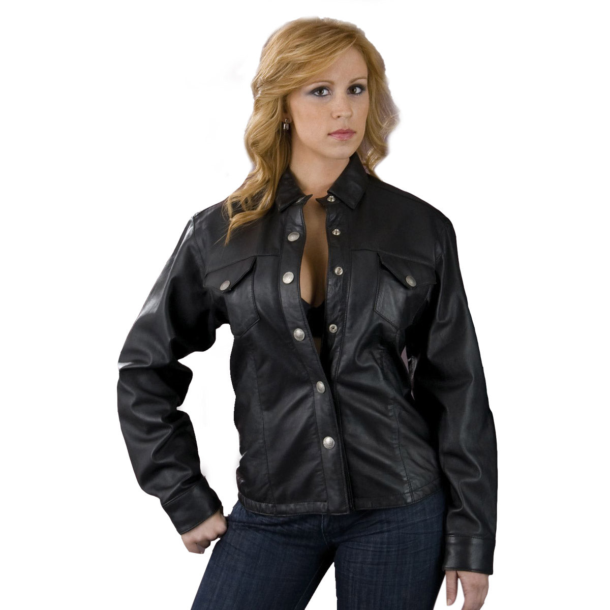 sh8028b-main.jpg Leather King SH8028 Ladies Black Lambskin Leather Shirt - Image 1