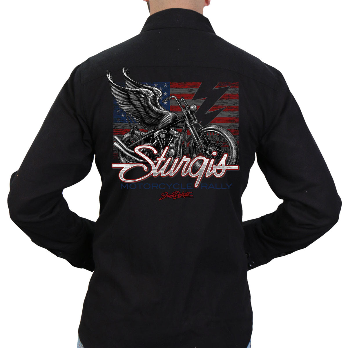 spb2081-m02-sdale-edit-a.jpg Hot Leathers SPB2081 Men’s Black Sturgis 2023 Chopper Flag Flannel - Image 1