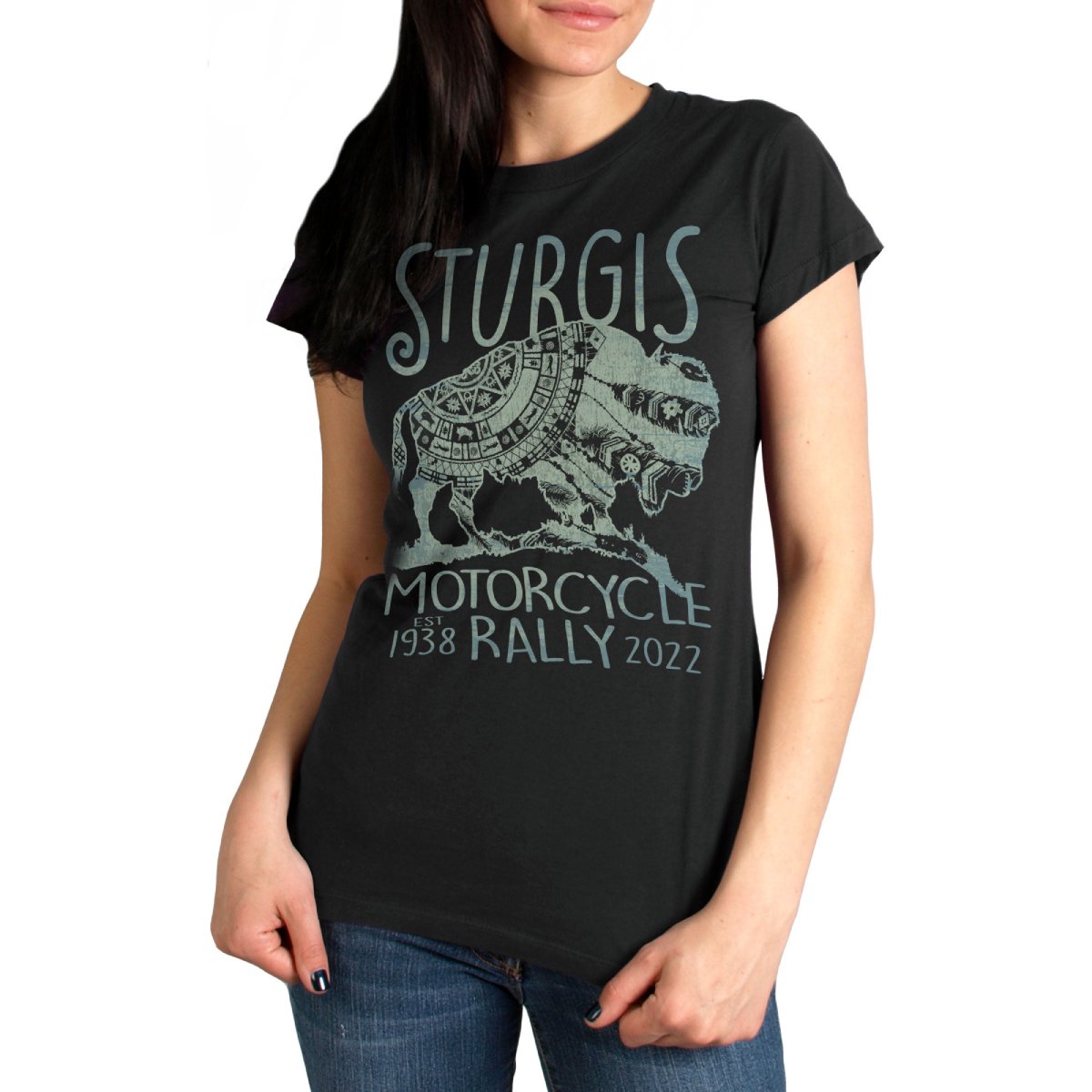 spl1789-m01-ashley.jpg 2022 Sturgis Motorcycle Rally SPL1789 Ladies Black Buffalo T-Shirt - Image 1