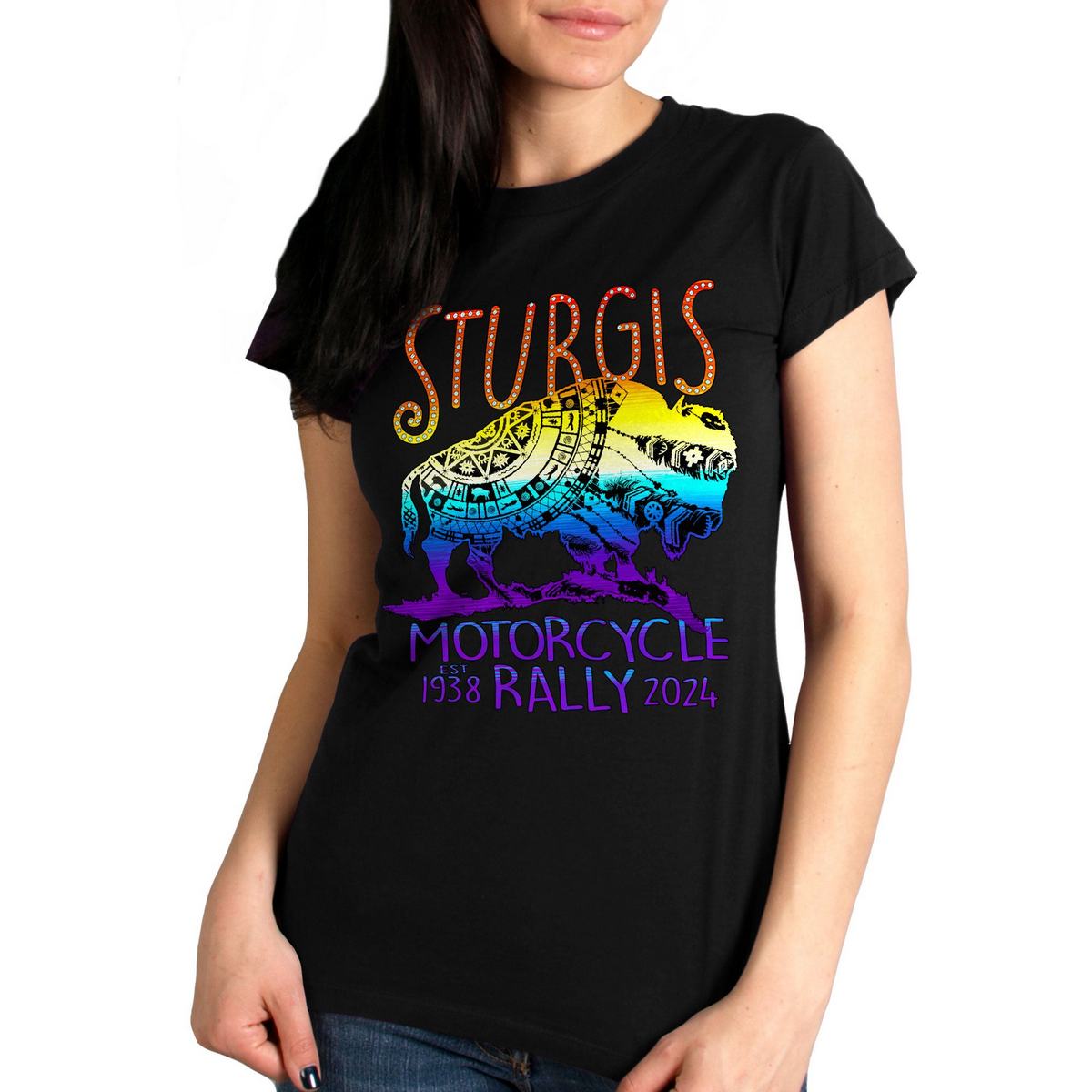 spl1867-m01-achap.jpg 2024 Sturgis Women’s Buffalo Black Motorcycle Rally T-Shirt SPL1867 - Image 1
