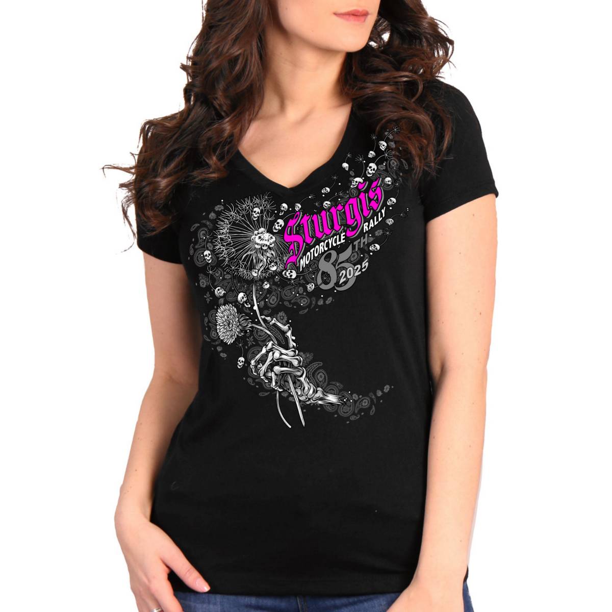 spl1922-a01.jpg 2025 Sturgis Women’s Motorcycle Rally Dandelion Black Ladies T-Shirt - Image 1
