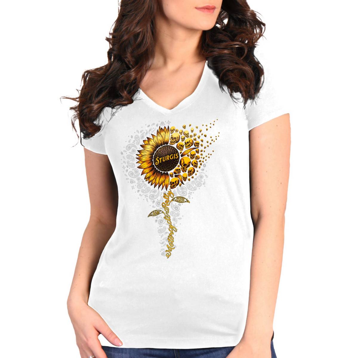 spl1931-a01.jpg 2025 Sturgis Women’s Motorcycle Rally Sunflower Skulls White Ladies Tee - Image 1