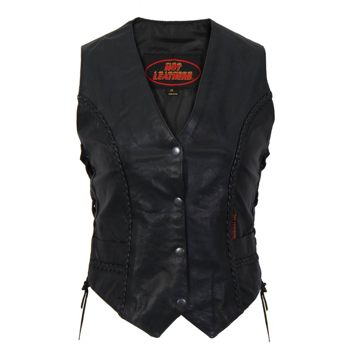 vsl1006-a01.jpg Hot Leathers VSL1006 Ladies Black Leather Braided Vest - Image 1