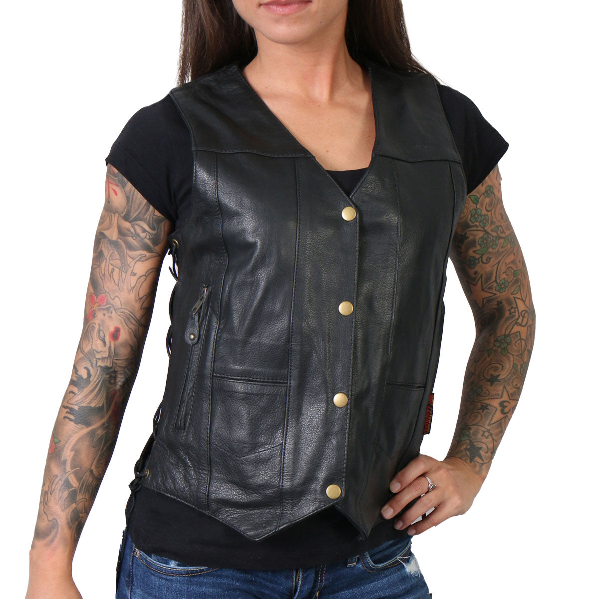 vsl1008-main-web.jpg Hot Leathers VSL1008 Ladies Black ‘Ten Pocket’ Leather Vest - Image 1