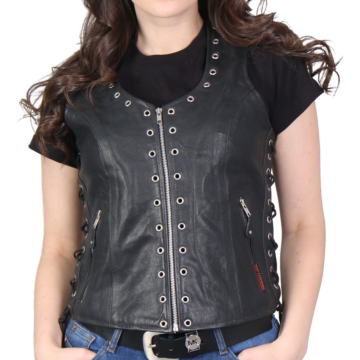 vsl1009-m01-ranas.jpg Hot Leathers VSL1009 Ladies Black Lambskin Vest with Grommet Accents - Image 1
