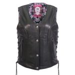Hot Leathers VSL1017 Ladies ‘Sugar Skull’ Lined Black Leather MC Vest