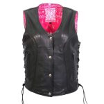 Hot Leathers VSL1018 Ladies ‘Pink Paisley’ Lined Black Leather MC Vest