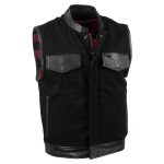Milwaukee Leather USA MADE MLVSM5101 Men’s Black Burn Out Denim and Leather Motorcycle Vest with Plaid Red Lining