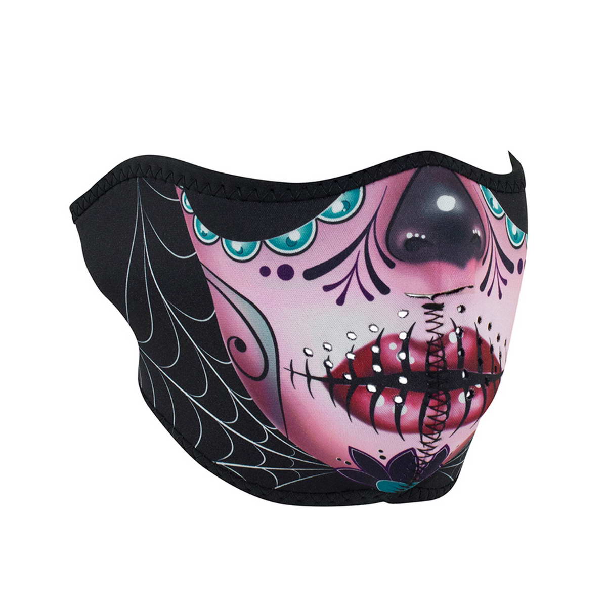 wnfm082h.media_.zan_.01.jpg ZanHeadgear WNFM082H Half Mask Neoprene Reversible Sugar Skull To Purple - Image 1