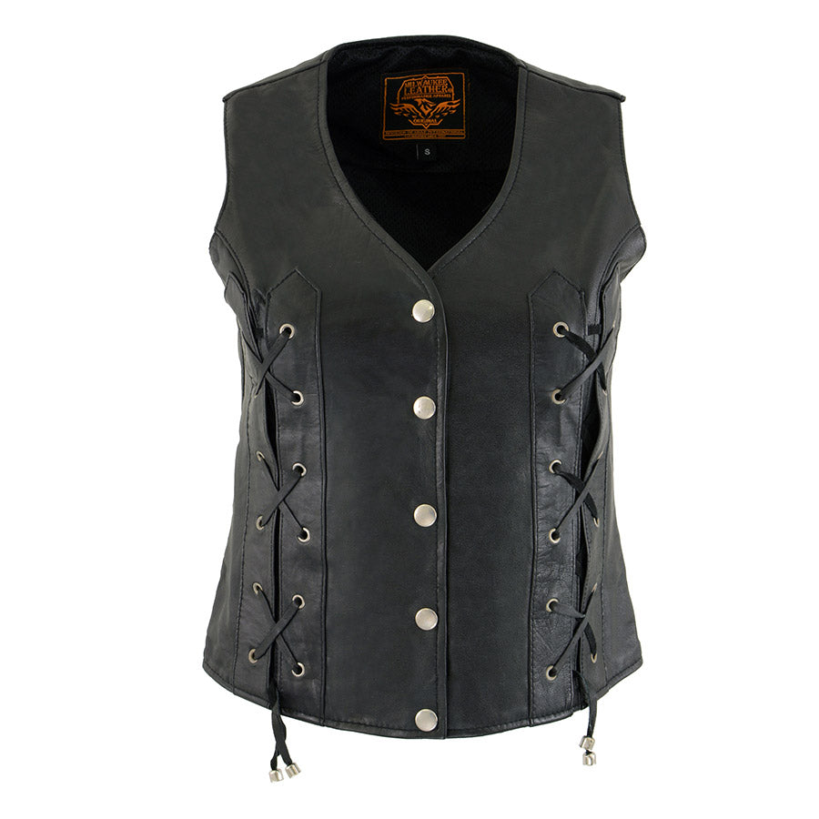 xs1216-main.jpg Milwaukee Leather XS1216 Ladies Black Leather Vest with Front Laces - Image 1