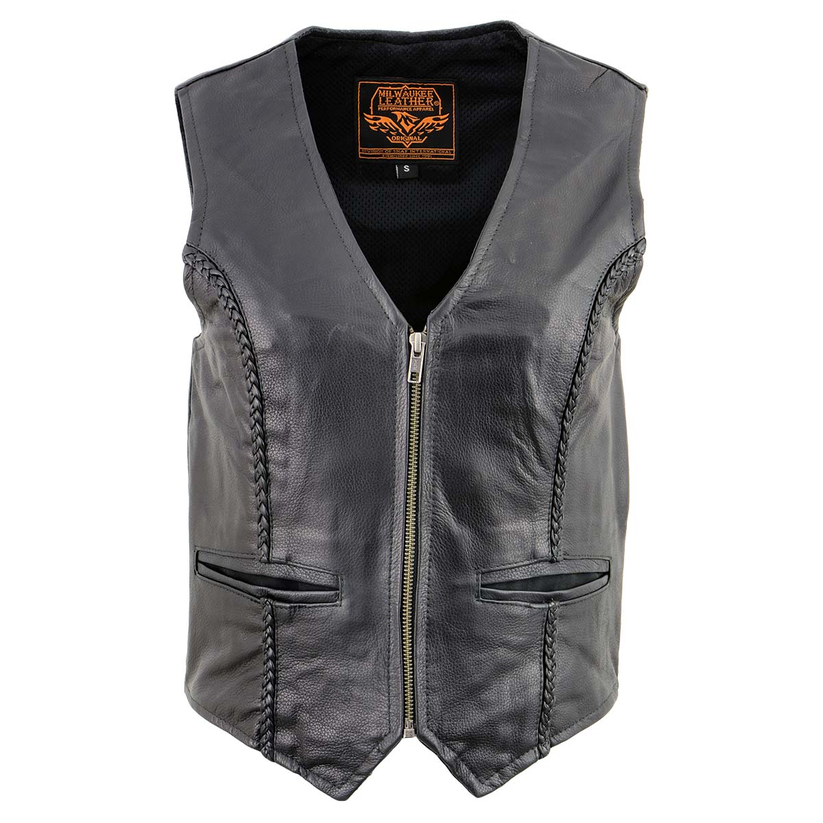 xs1246z-front.jpg Milwaukee Leather XS1246 Ladies Black ‘Braided’ Classic Leather Vest - Image 1