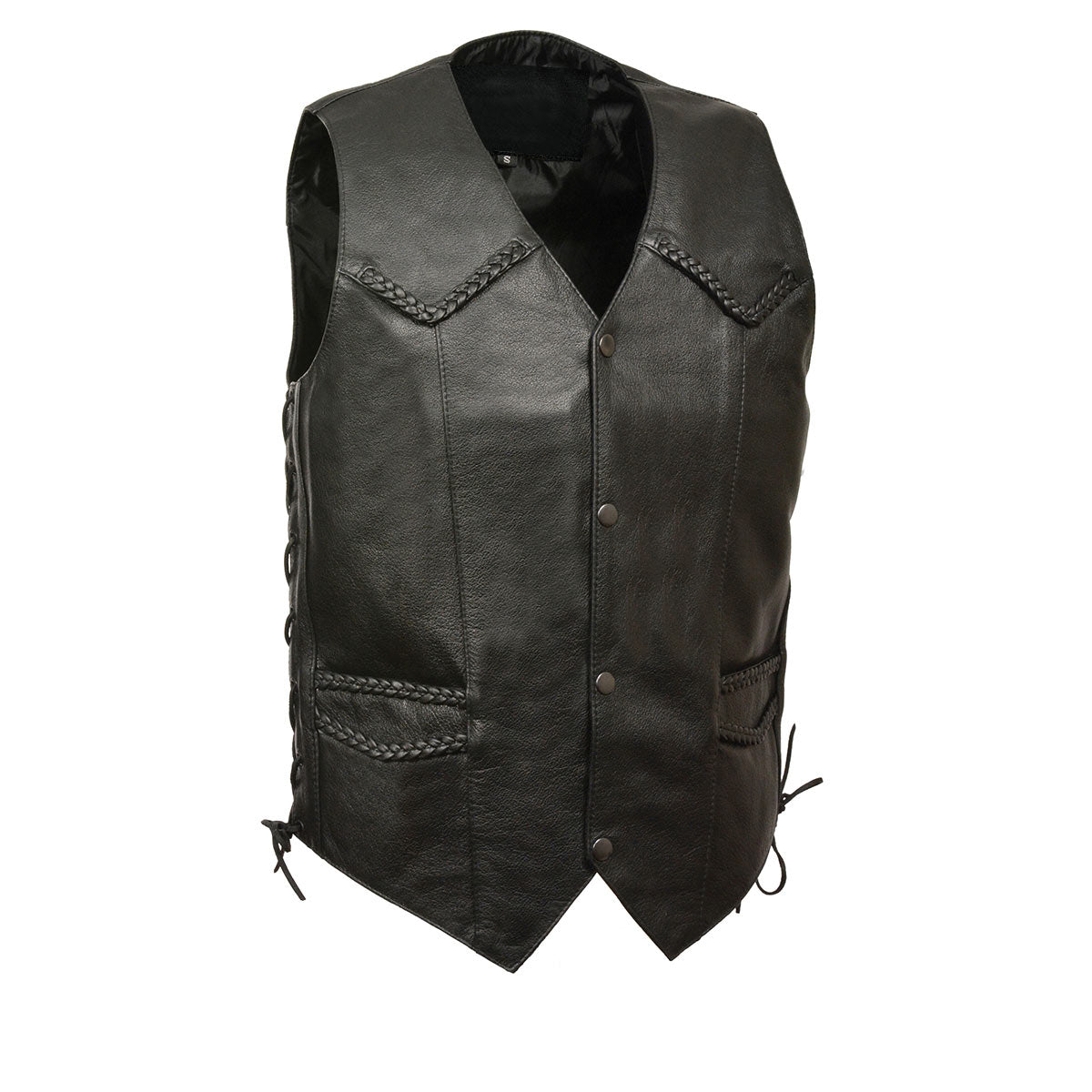 xs13512-front.jpg Men’s XS13512 Black Classic Braided Motorcycle Biker Vest - Image 1