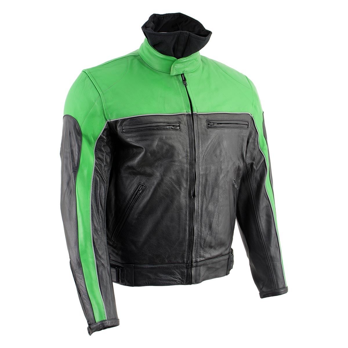 xs2126-front-side.jpg Leather King XS2126 Men’s Green and Black ‘Moto’ Biker Jacket - Image 1
