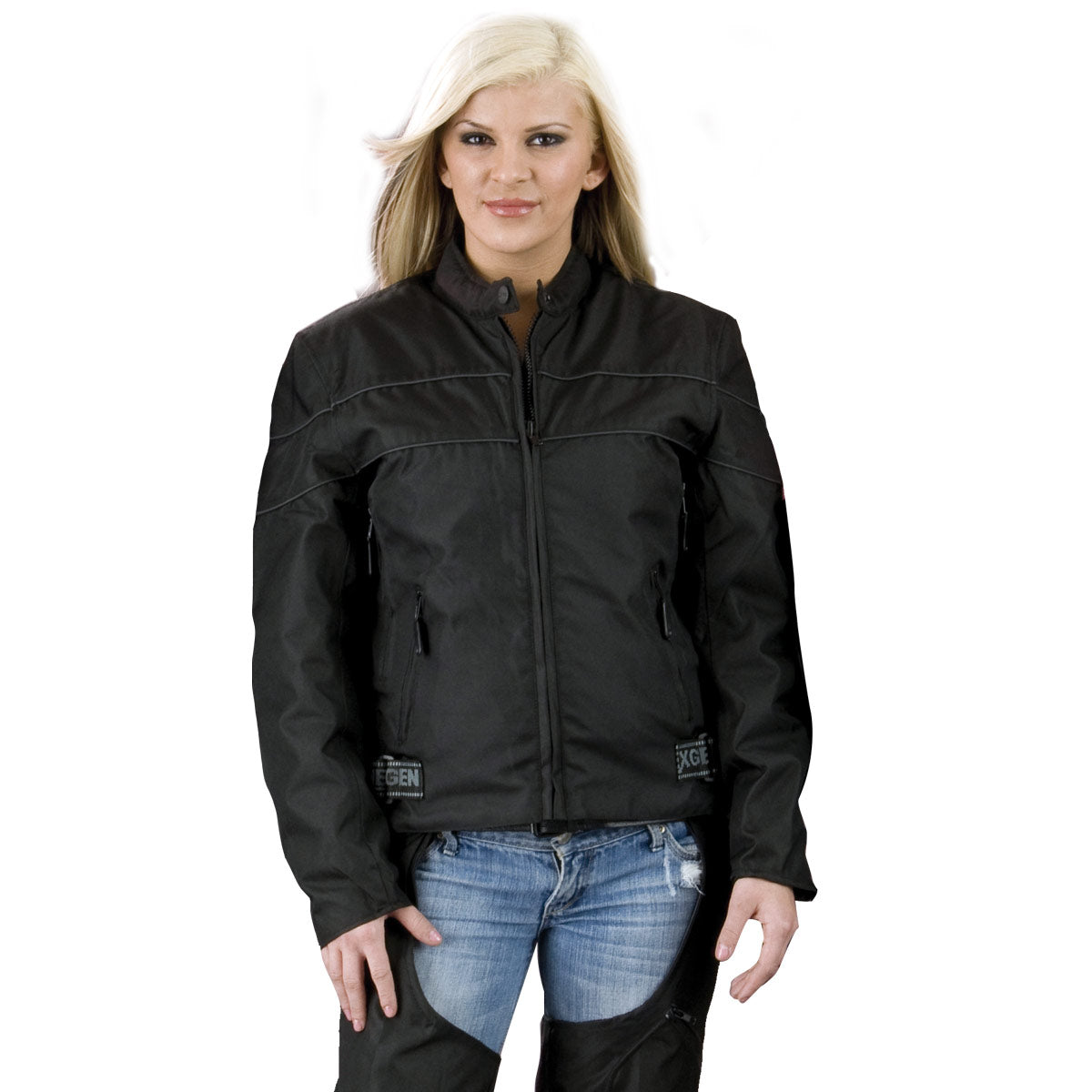 xs2261-main.jpg NexGen XS2261 Women’s Black Textile Lightweight Jacket with Reflective Piping - Image 1