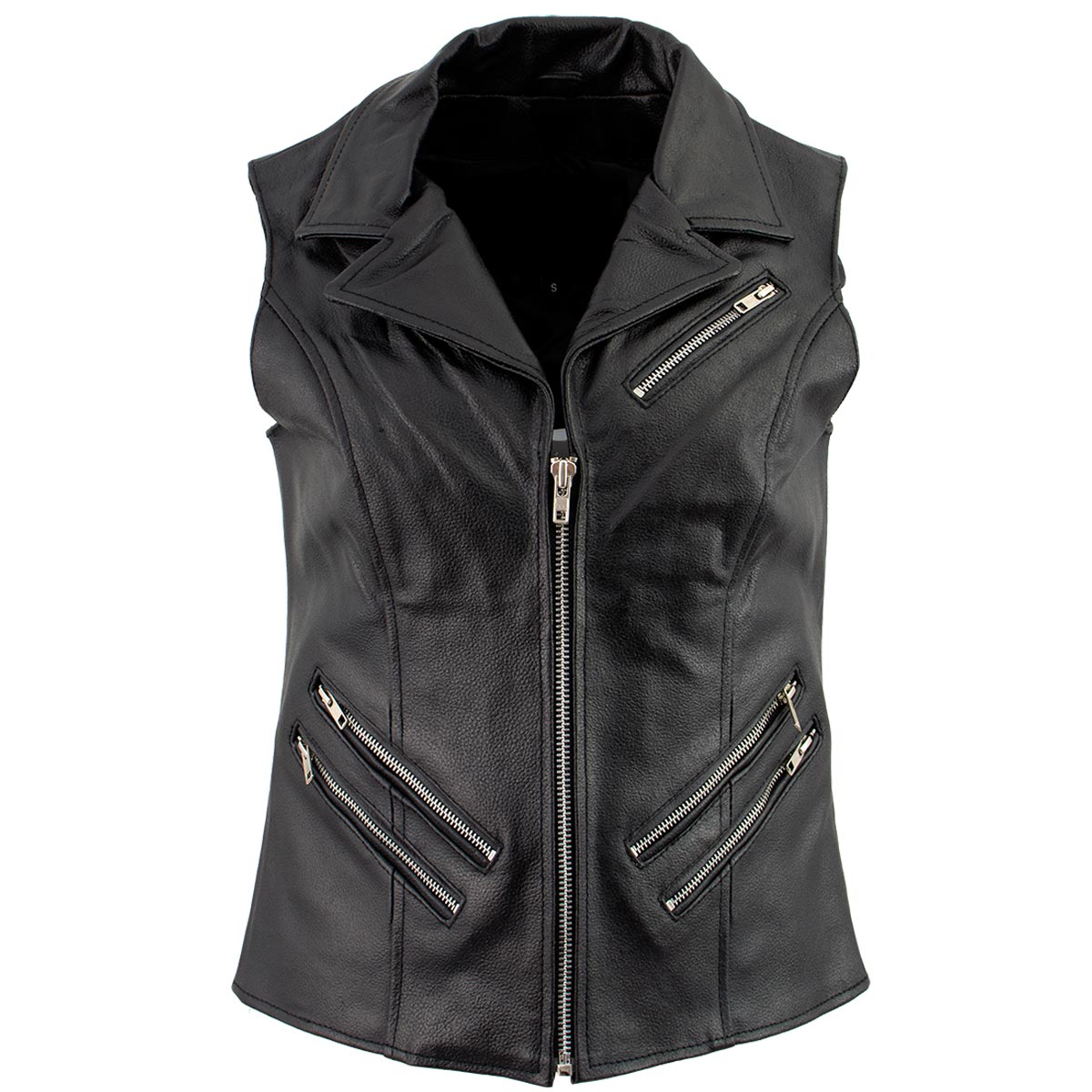 xs773-front-1.jpg Ladies XS773 Black Zippered M/C Lapel Leather Vest - Image 1