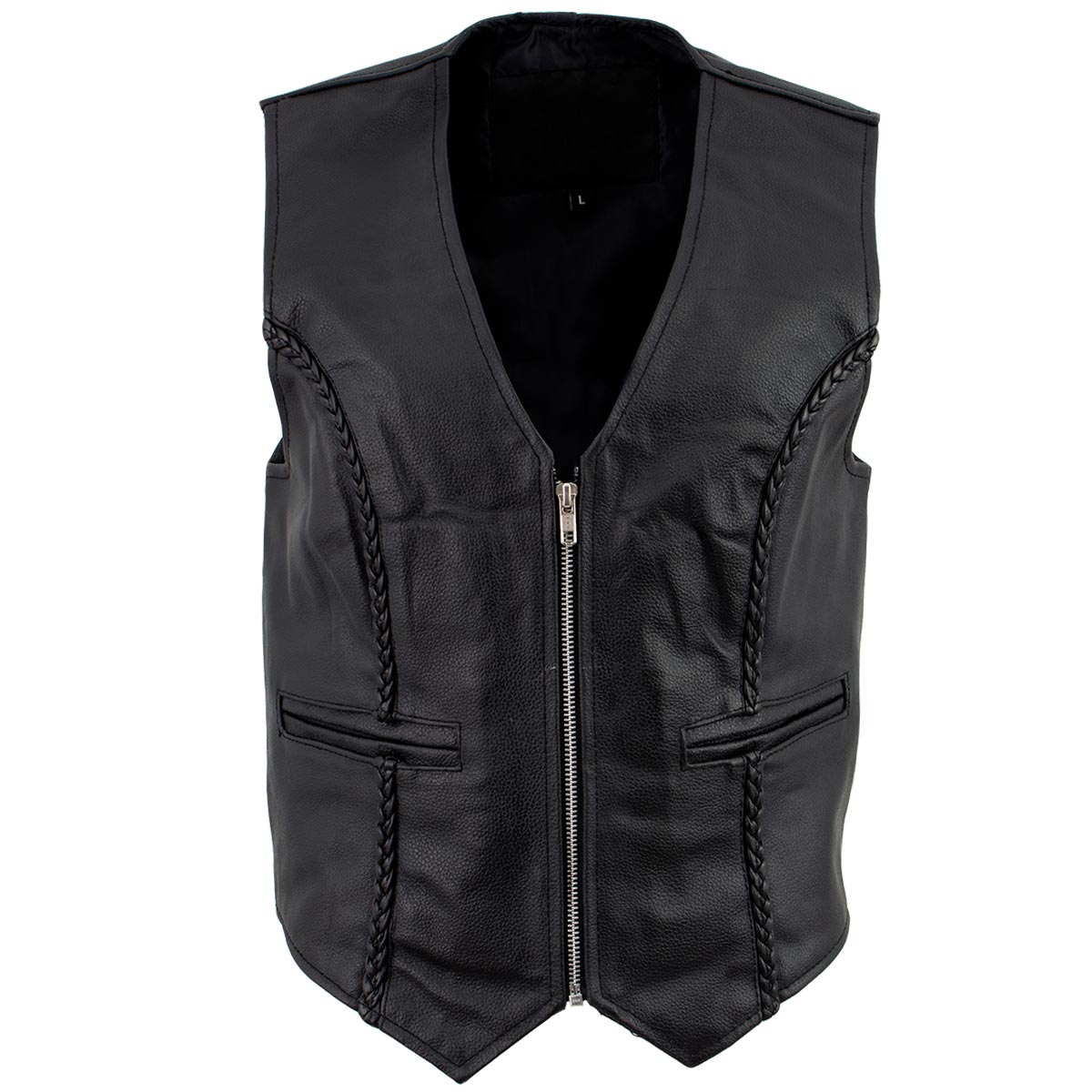 xs776-front.jpg Ladies XS776 Black Braided Motorcycle Vest with Zipper Closure - Image 1